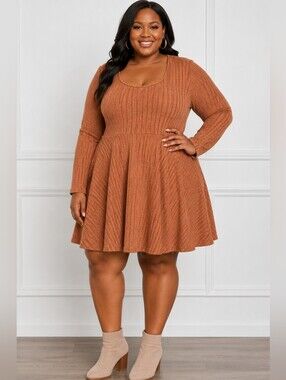 Plus-Size Rust Knit Fit & Flare Dress